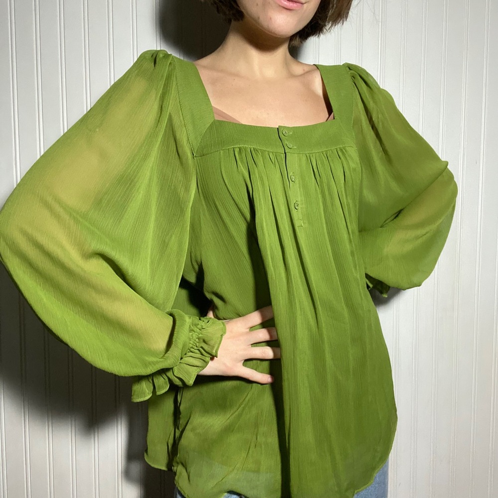 NWT Lauren Conrad Boho Green Blouse Balloon Sleeve Square Neck Peasant Top - XXL